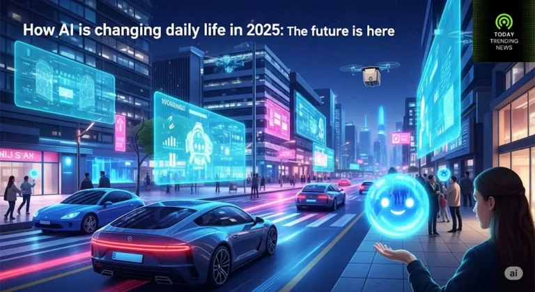 Futuristic digital illustration showing how AI is changing daily life in 2025