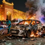 Delhi Red Fort Blast scene showing Hyundai i20 explosion, emergency response, and Red Fort at night