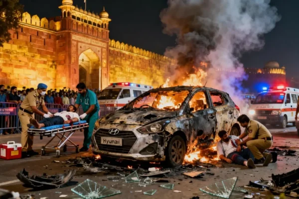 Delhi Red Fort Blast scene showing Hyundai i20 explosion, emergency response, and Red Fort at night