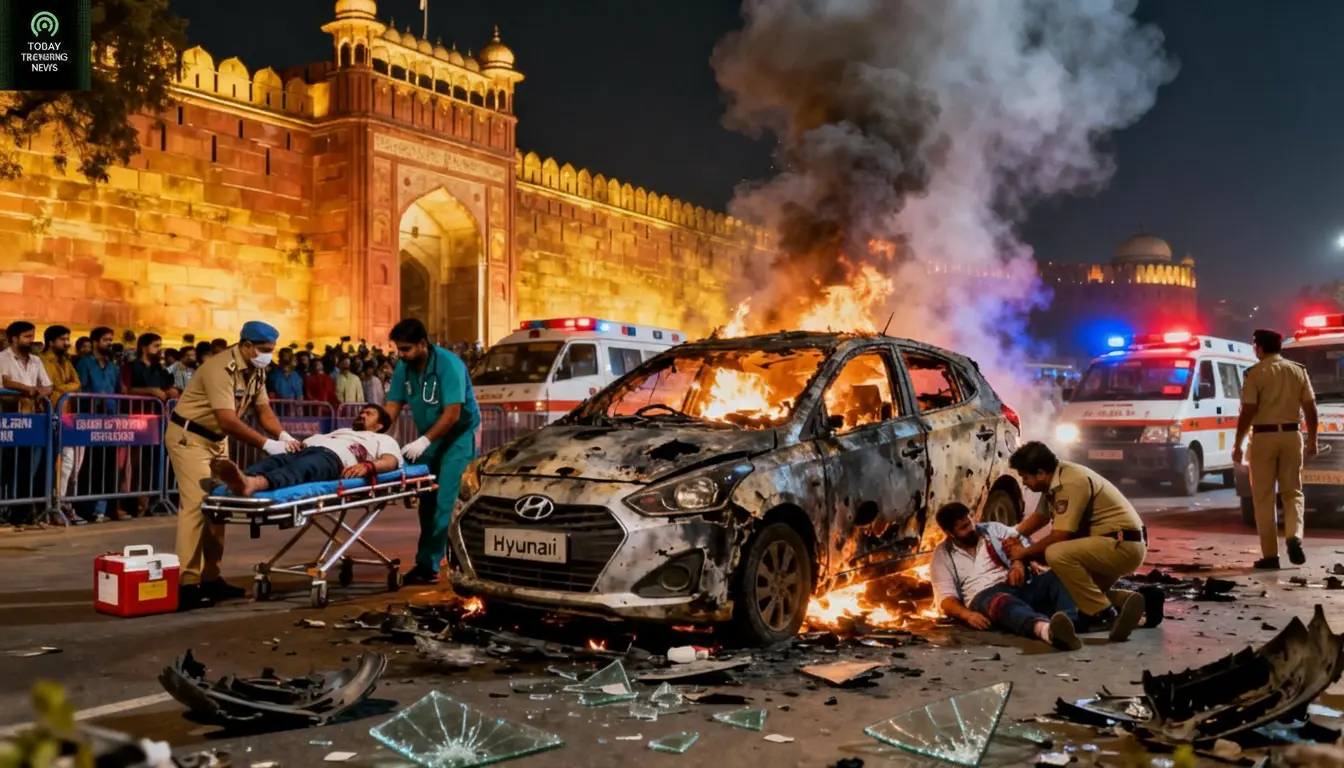 Delhi Red Fort Blast scene showing Hyundai i20 explosion, emergency response, and Red Fort at night
